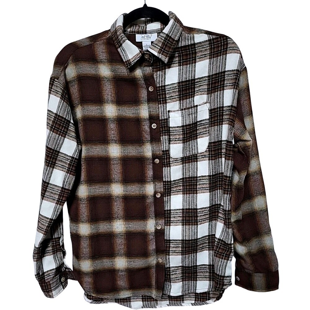 Just Polly New York Womens Brown Splice Plaid Button Down Shirt JW10874-MA Small